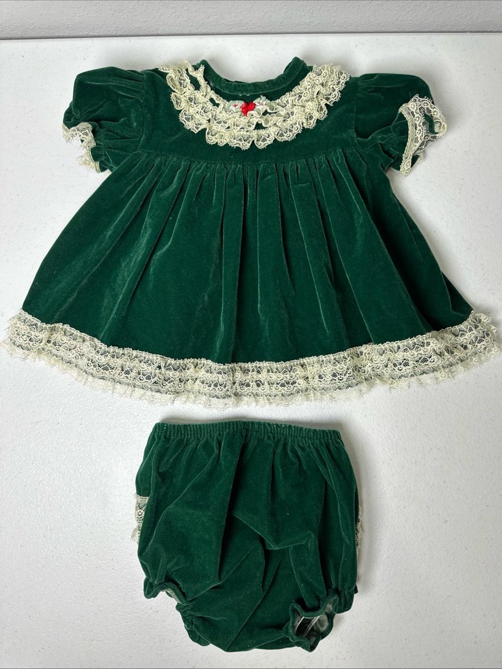 Vintage Green Velvet Baby Dress with Lace Trim